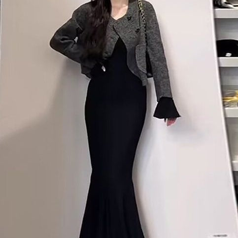 Step By Step Lotus Skirt Long Sleeve Fishtail Black Dress