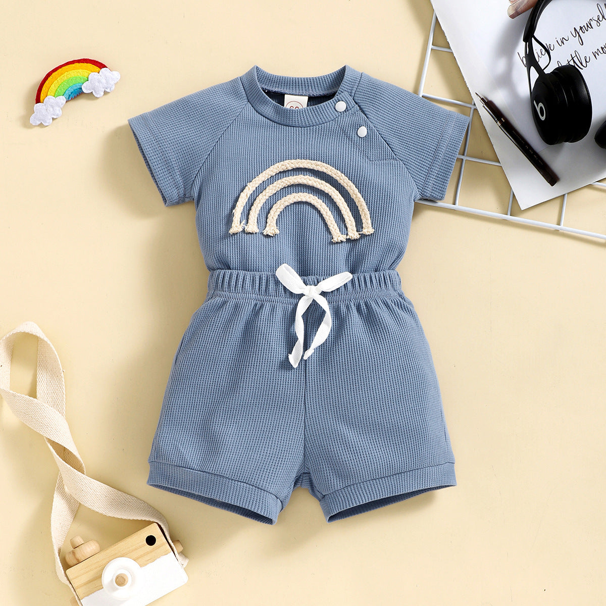 Rainbow Waffle Four-color Side Button Short Sleeve Baby Bodysuit Shorts Suit
