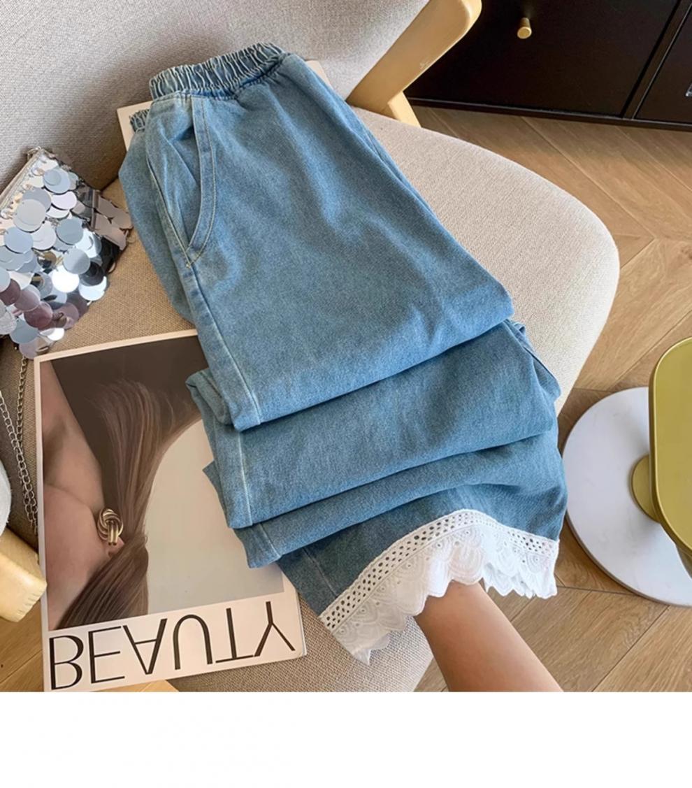 Sweet Style Elastic Waist Splicing Lace Lace Hollow Denim Nine-point Pants For Women