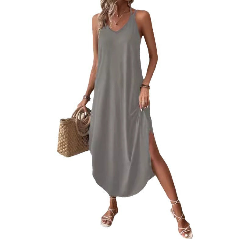 Summer Solid Color And V-neck Sling Backless Dress