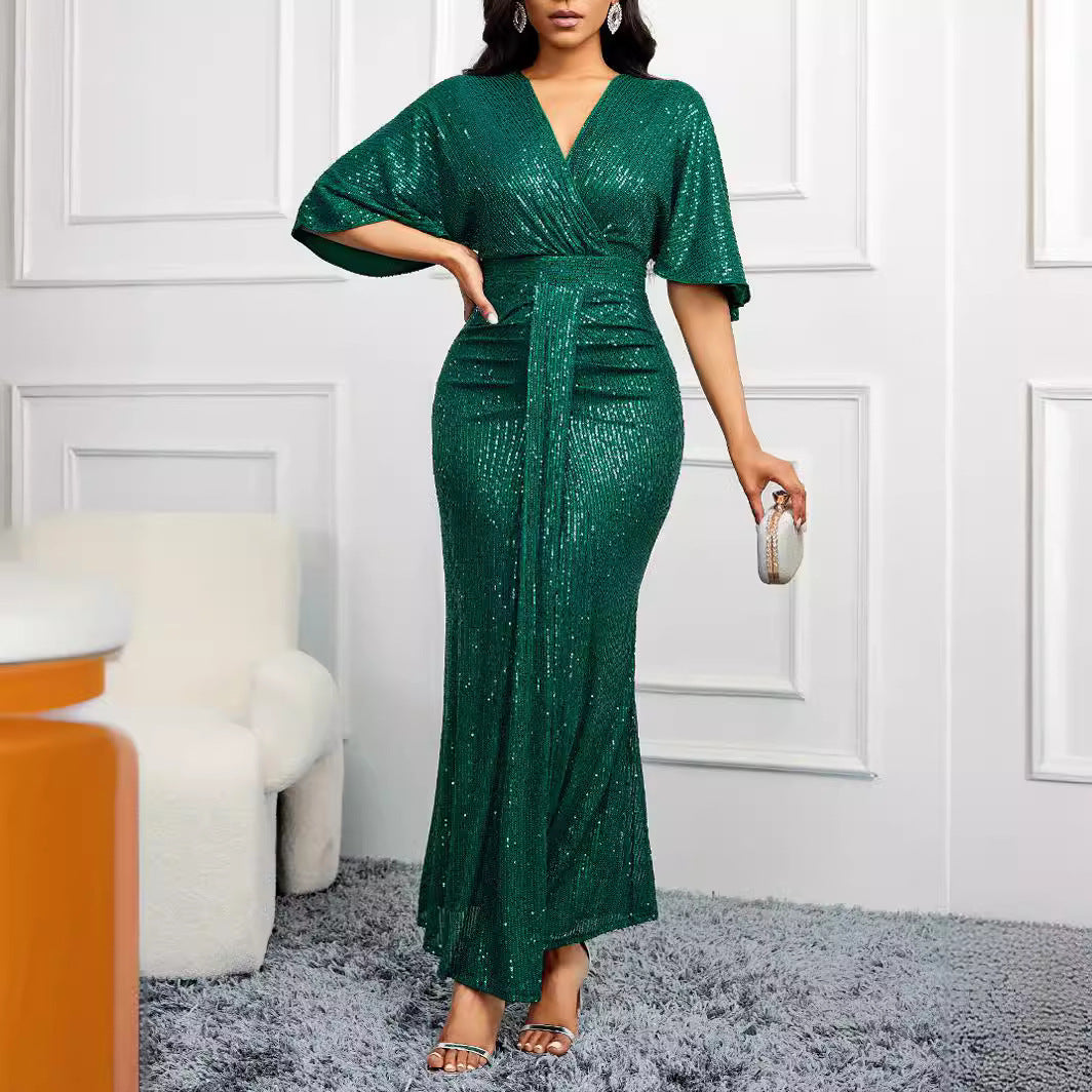 High Waist V-neck Pure Color Sequins Shoulder Sleeve Dress Women's Long Formal Dress