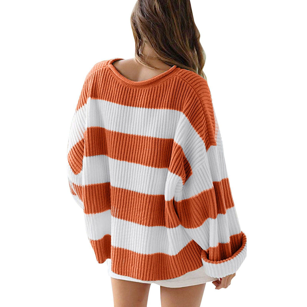 Loose Striped Sweater Fashion Casual Long Batwing Sleeve Round Neck Pullover Knit Tops Women Clothing