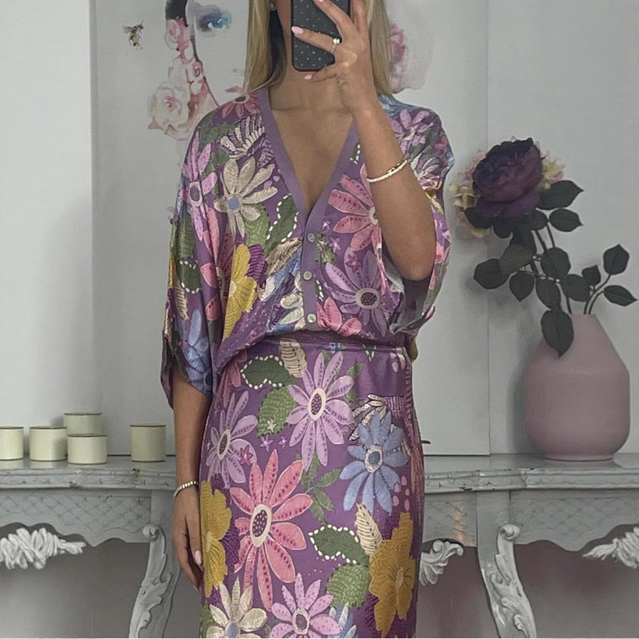 Elegant Home Satin Printed Short Sleeve Wrapped Skirt