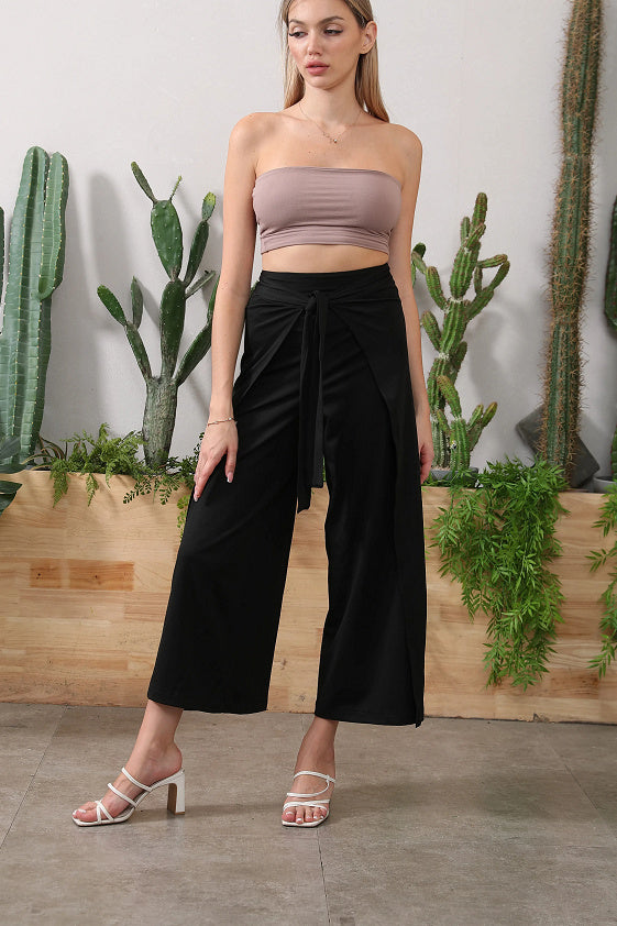 Solid Color Fashion Lace-up Waist Wide-leg Skort Women