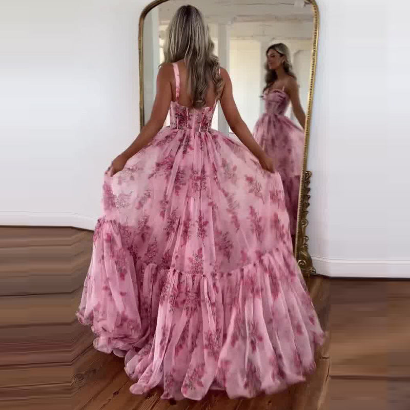 Cinched Waist Slim-fit Fashion Printed Large Swing Dress