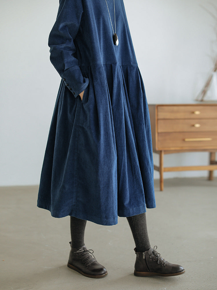 Long Sleeve Mid-length Artistic Corduroy Velvet Dress Women