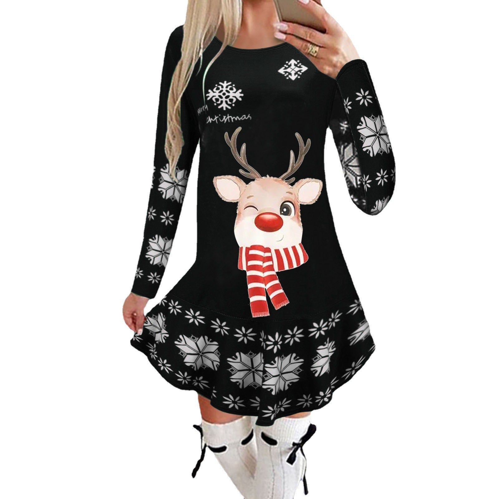 Christmas Snowflake Elk Printing Slimming Dress