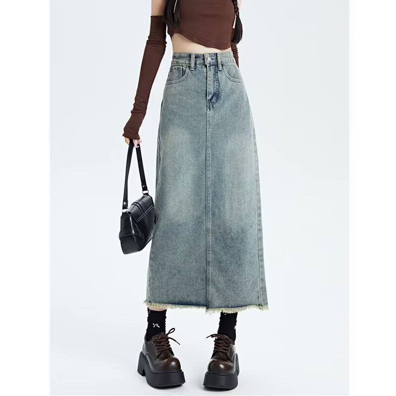 Retro Women's High Waist Denim Skirt Women's Mid-length Versatile Hem Tassel Hip Skirt