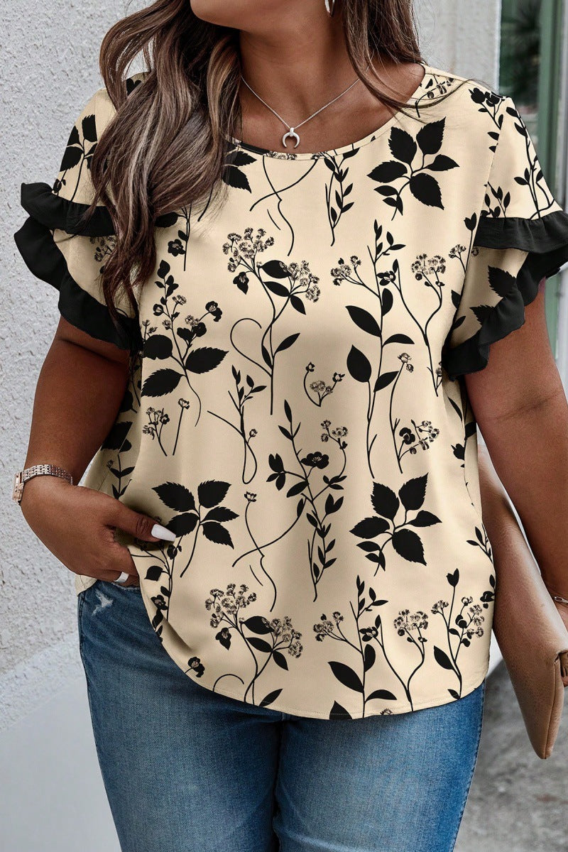 Round Neck Sleeve Stitching Pleating Printed Short Sleeve Casual