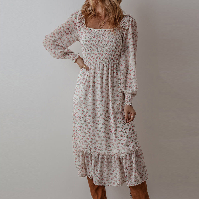 Temperament Small Floral Square Collar Dress