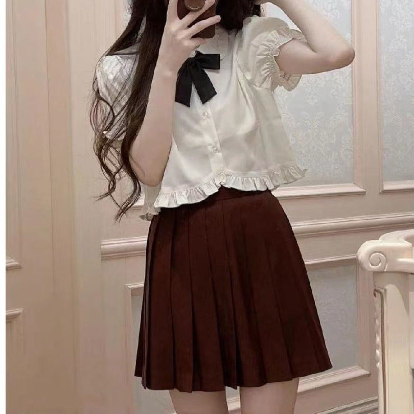 Women's Summer College Style Puff Sleeve White Short Sleeve Shirt