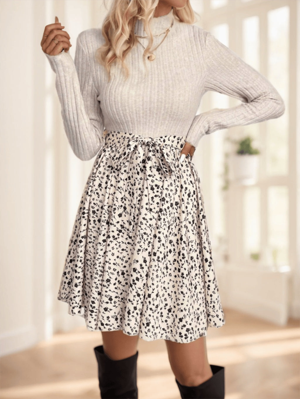 Frenchy Ditsy Floral Print Mock Neck Belted Bottom Top Two Tone A Line Floral Print Dress