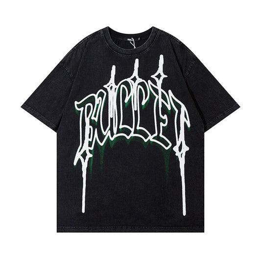 American Retro Hip Hop Washed Old Big Letter Graffiti Short Sleeve Men's Clothing