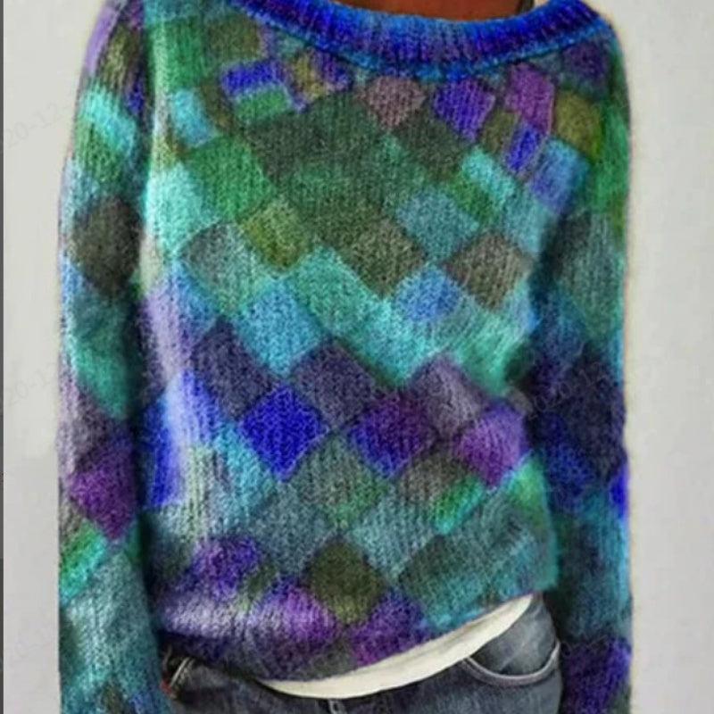 Printed Long Sleeve Collar Sweater Women's Polyester Multi-color Retro