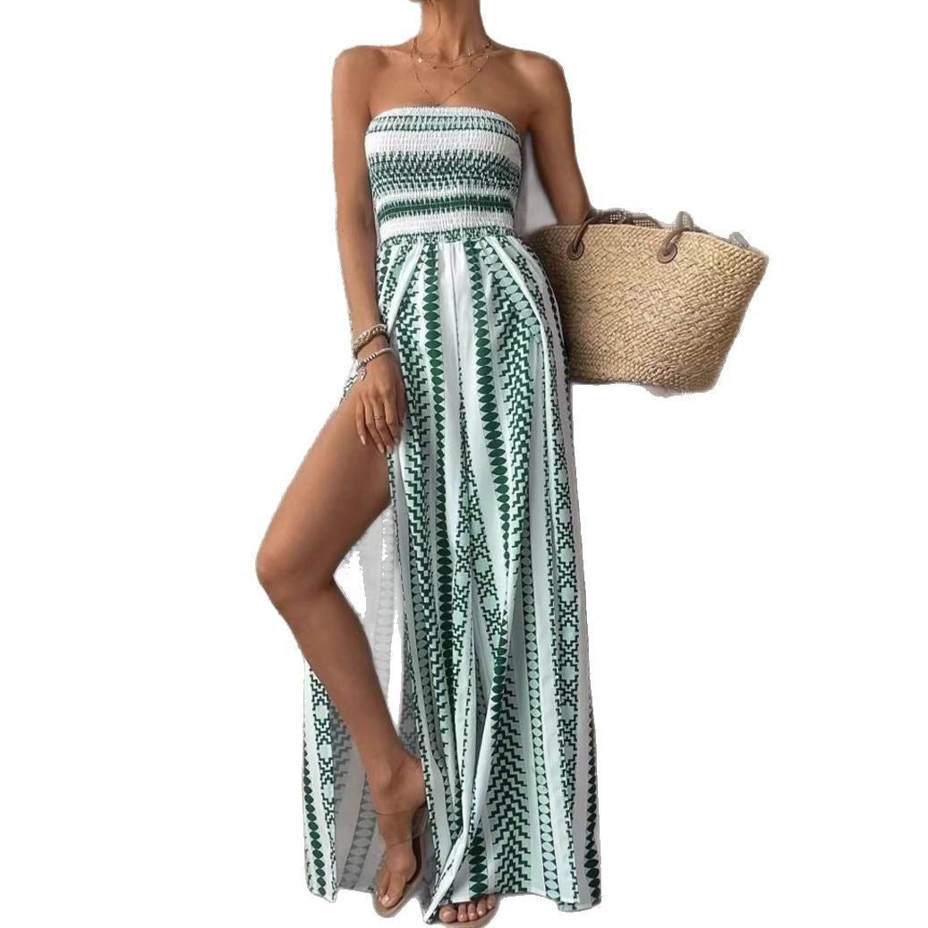 Fashion Printing Stylish Tube Top Split Jumpsuit