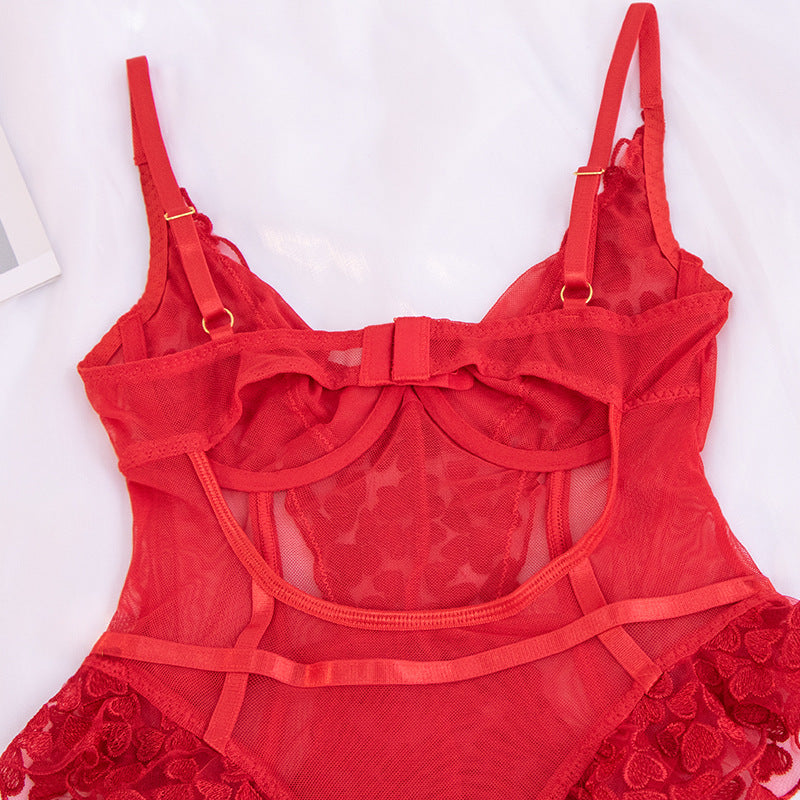One-piece Underwear Mesh Embroidered Lace Stitching Deep V Suit