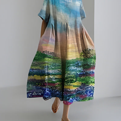 Digital Printing Small Chrysanthemum Women's Short-sleeved Dress