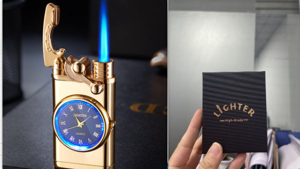 New Lighter With Electric Watch Rocker Arm Automatic Ignition Straight Blue Flame Lighter Creative Real Dial Inflatable Windproof Lighter Men's Watch Gift