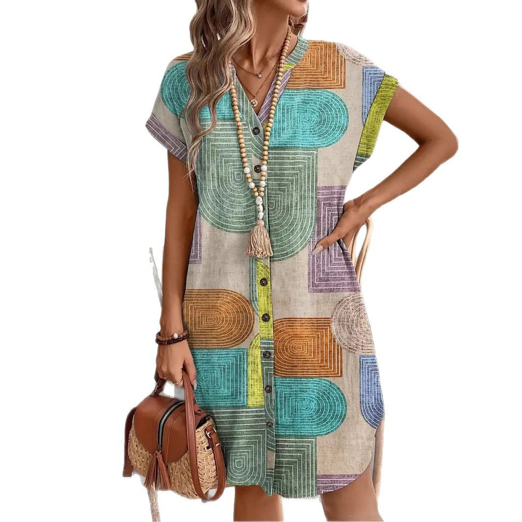 Printed Woven Elegant V-neck Button Dress