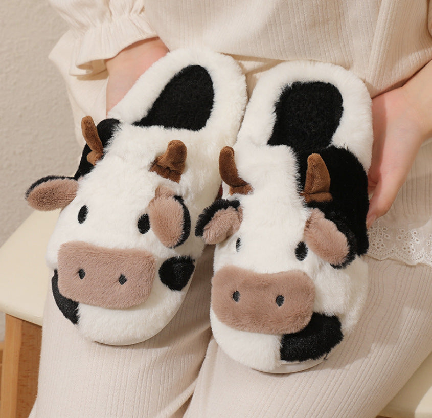 Indoor Home Cartoon Cow Fur Cotton Slippers Female