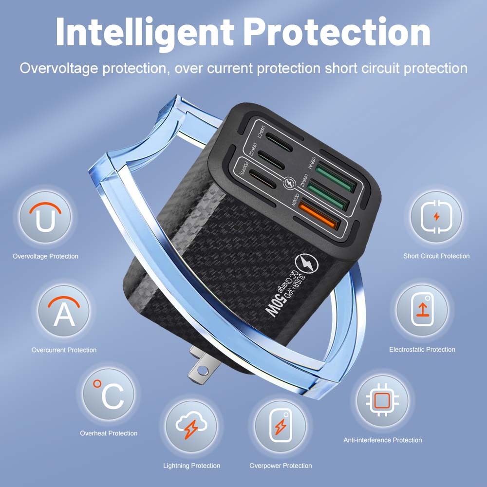 50W 6Ports 3USB 3PD Multi-interface Fast Charging Mobile Phone Charging Plug