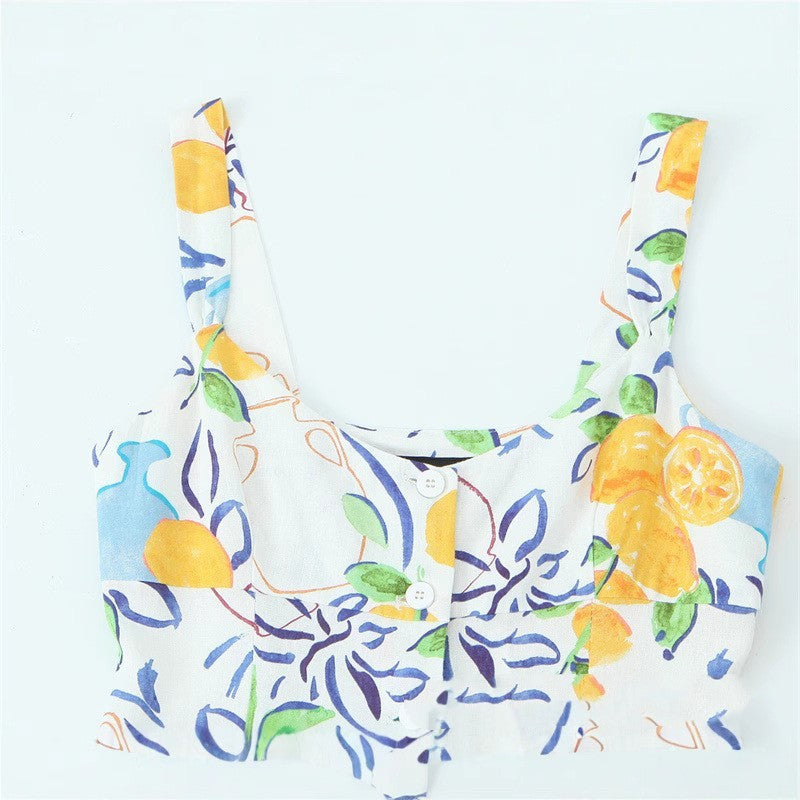 Blended Linen Printing Midi Skirt Dress