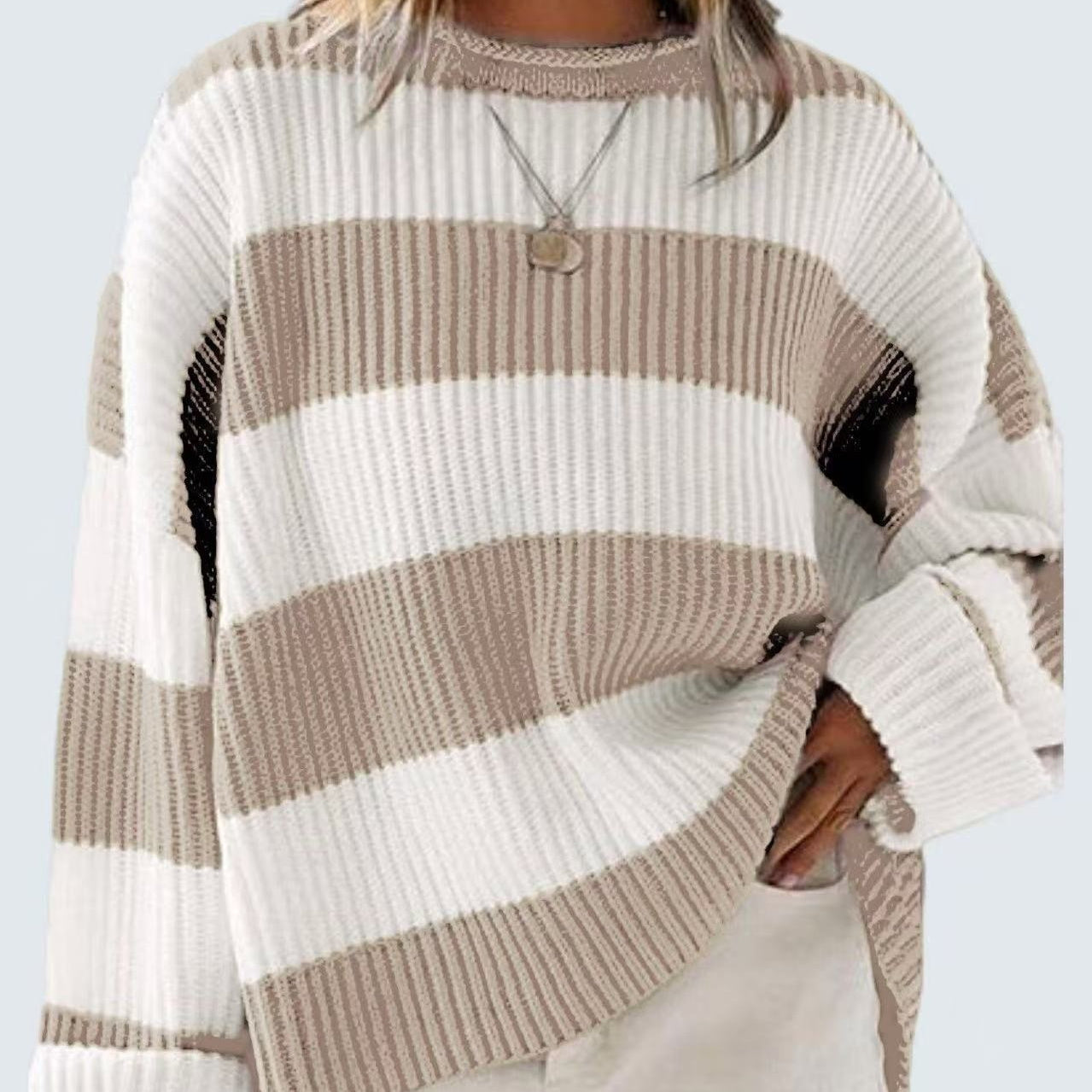 Loose Striped Sweater Fashion Casual Long Batwing Sleeve Round Neck Pullover Knit Tops Women Clothing