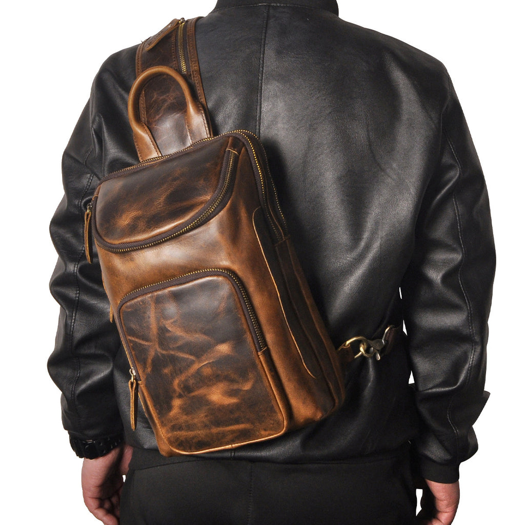 Top Layer Crazy Horse Skin Cowhide Men's Retro Chest Bag