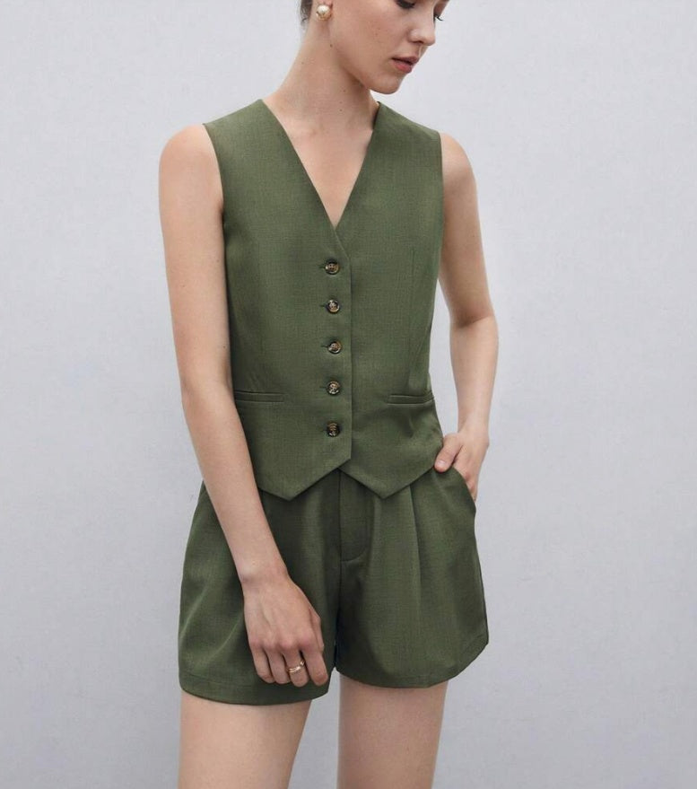 Casual Women's Solid Color Vest Jacket Set