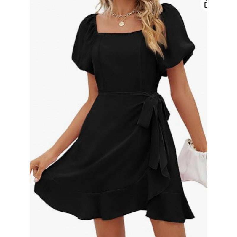 Women's Square Collar Solid Color Puff Sleeve Dress Lace-up Waist