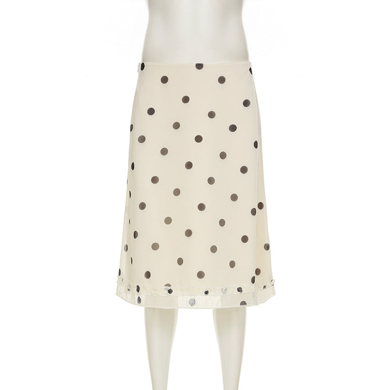 Women's French-style Color Matching Polka Dot Side Zipper Pleated Hip Skirt