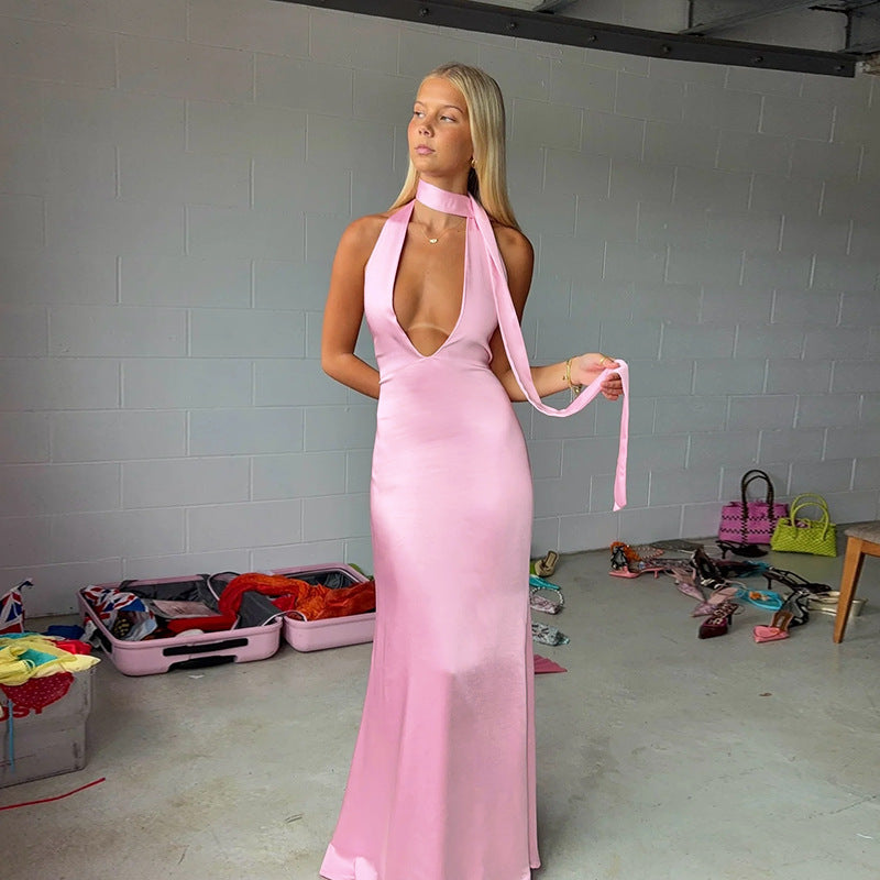 Elegant Sexy Slim Deep V Halter Strap Satin Dress