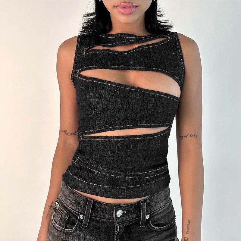 New Sexy Hollow-out Faux Denim Vest Top For Women