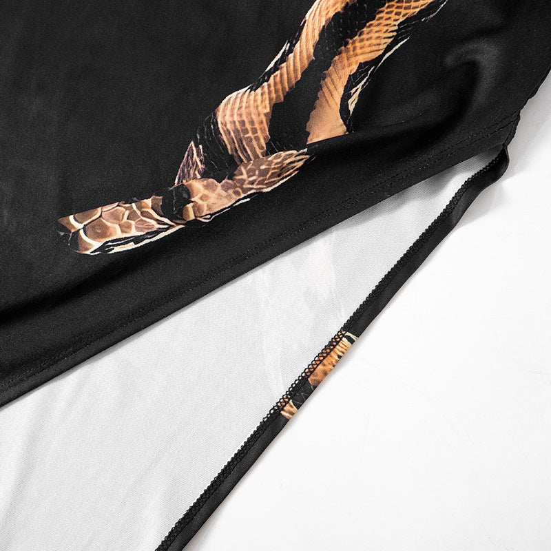 Side Waist Hollow Print Slim Fit Slit Long Dress