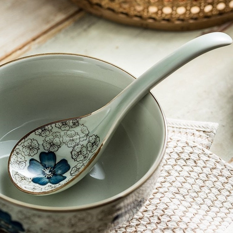 Household Ceramic Long Handle Scoop And Spoon Deep Mouth Soup Bowl