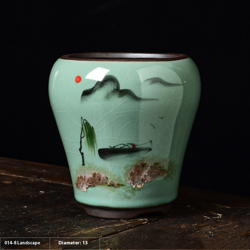 Celadon Hand Painted Ceramic Hexagonal Green Plant Pot