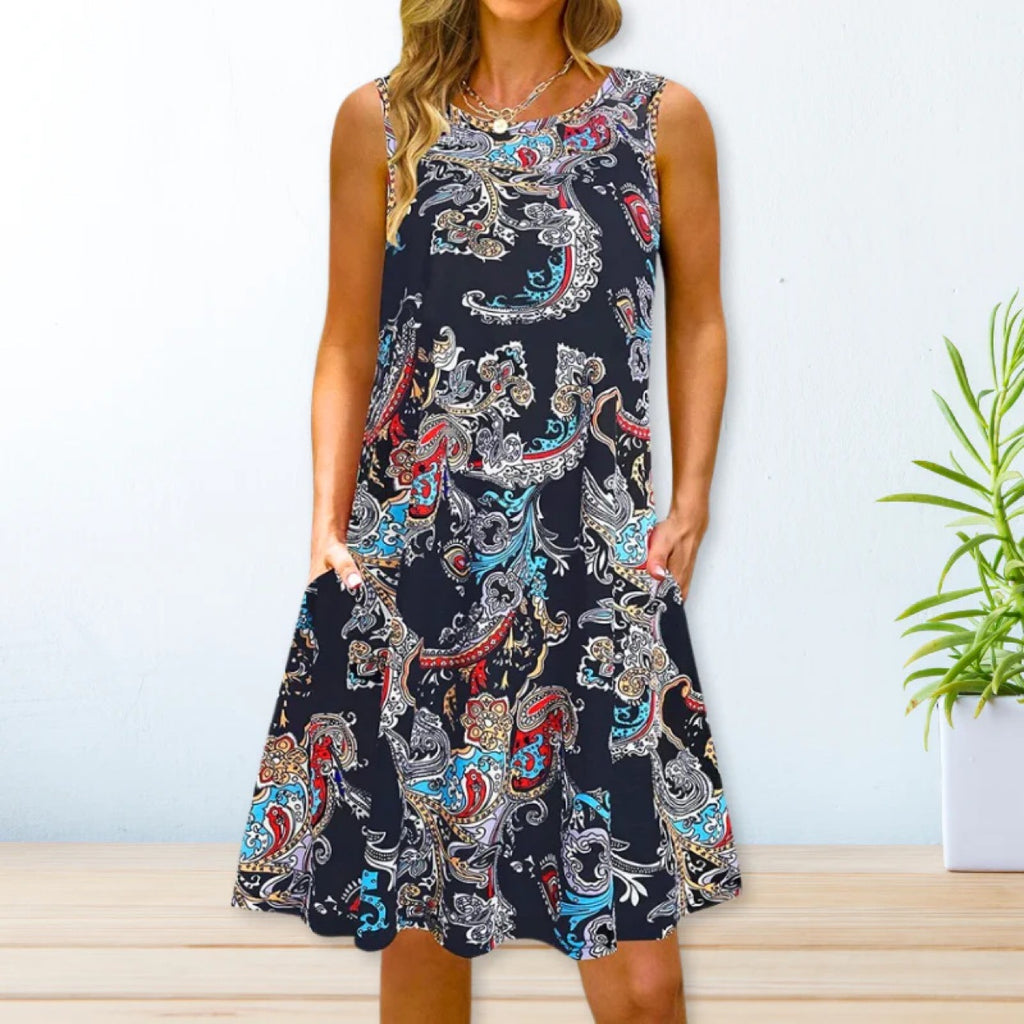 Printed Swing Loose Waist Strap Type Long Dress