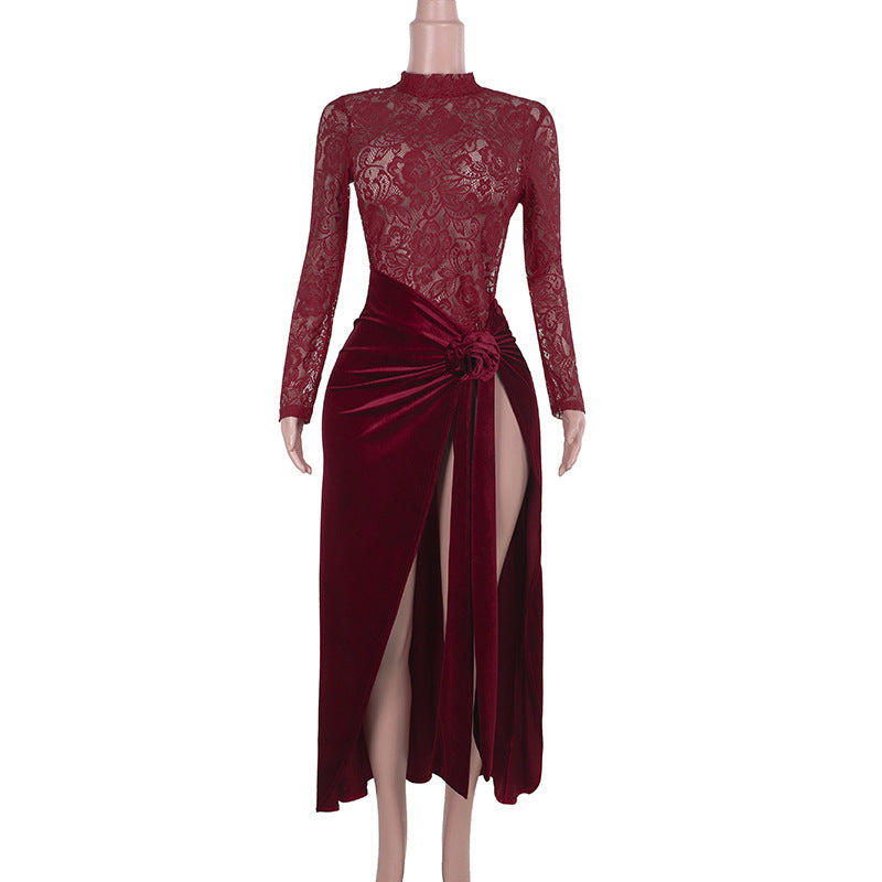 Sexy Slim-fitting Patchwork Lace Velvet Dress