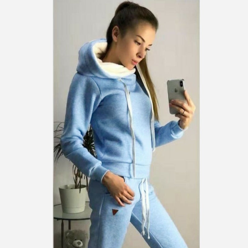 Women's Fleece Leather Seal Long Sleeve Hooded Casual Sports Suit