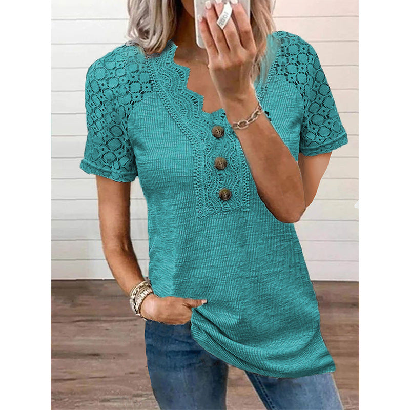 Casual Solid Color Lace V-neck Patchwork Top T-shirt With Short Sleeves