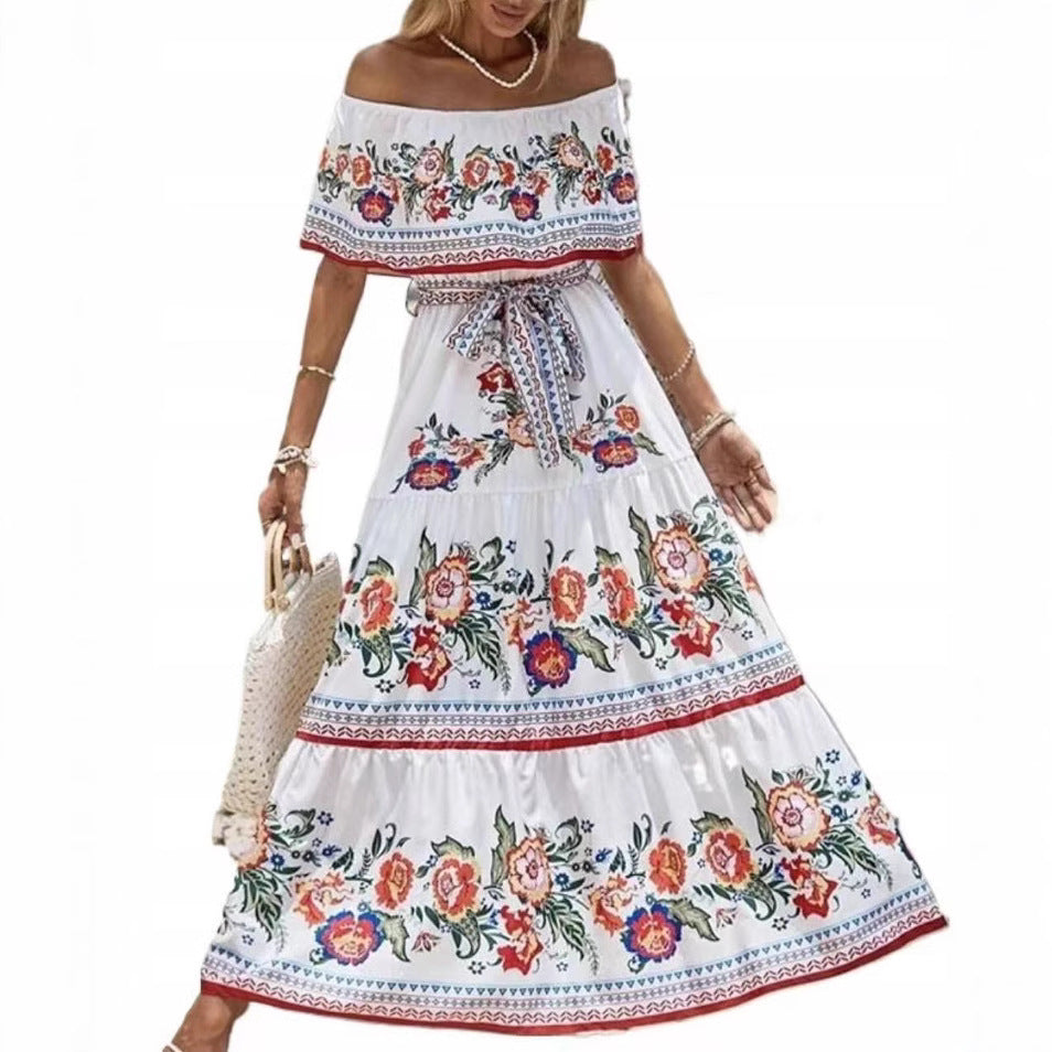 Summer European And American Off-shoulder Printing Belt Long Large Hem Dress
