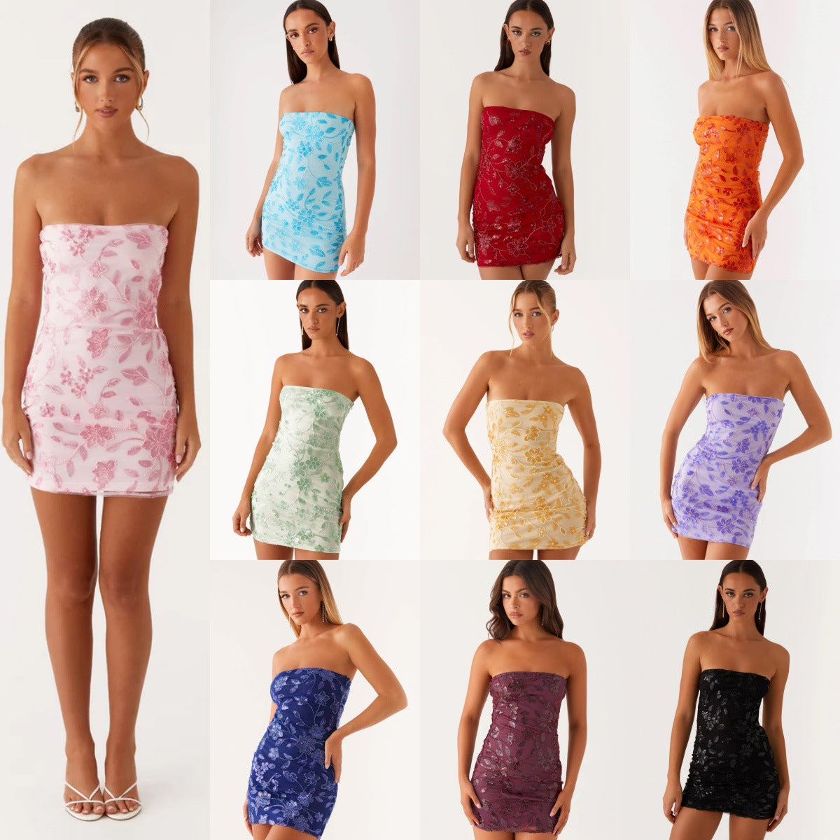 Sequins Embroidery Sexy Tube Top Package Hip Dress