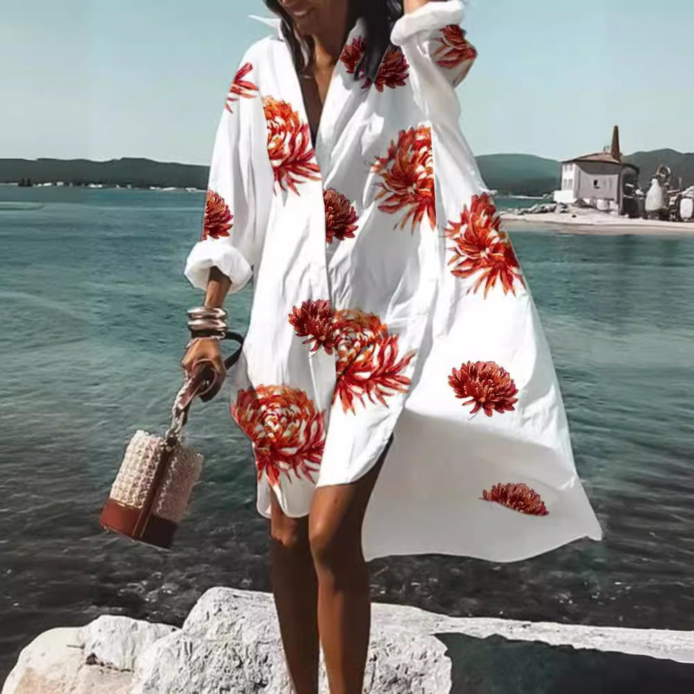 Women's Loose Digital Printing Long-sleeved Lapel Shirt Dress