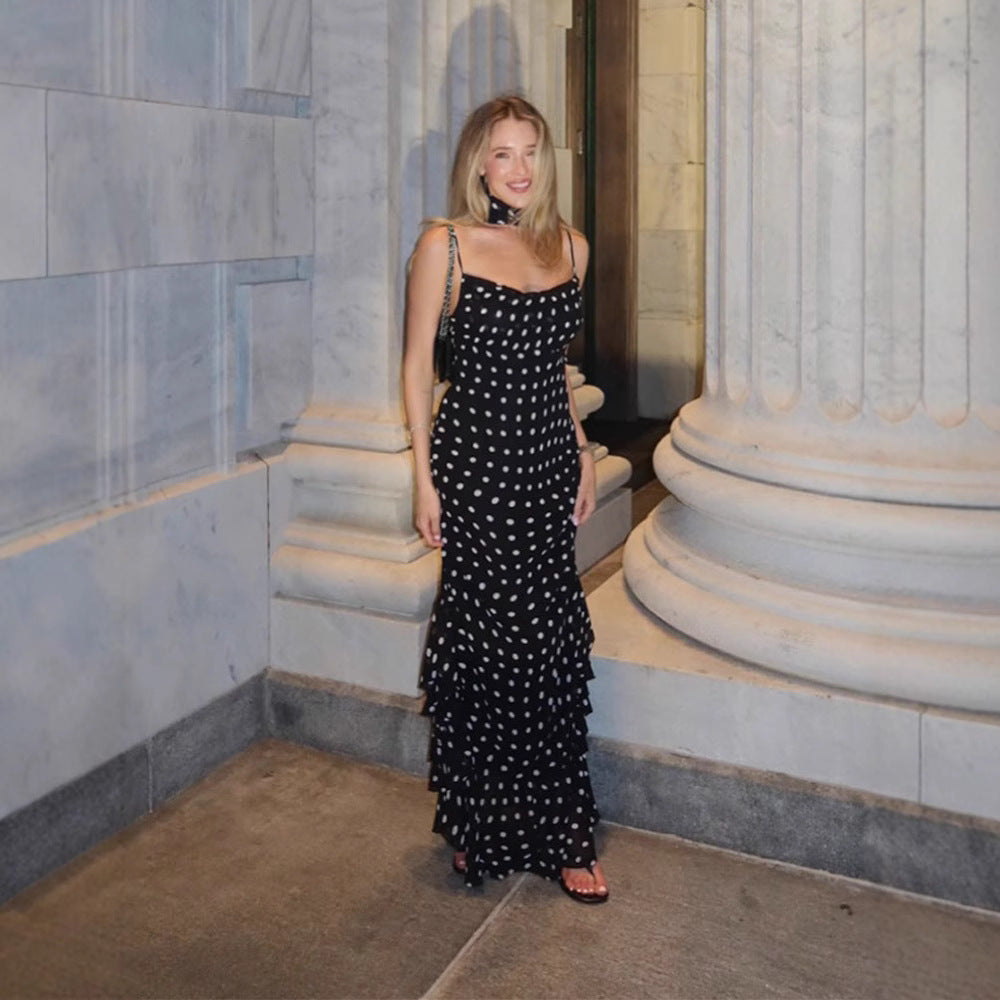 Women's High-grade Sleeveless Polka Dot Scarf Collar Ruffled Spaghetti Straps Dress