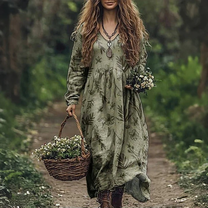 Printed Dress V-neck Long Sleeve Plus Size