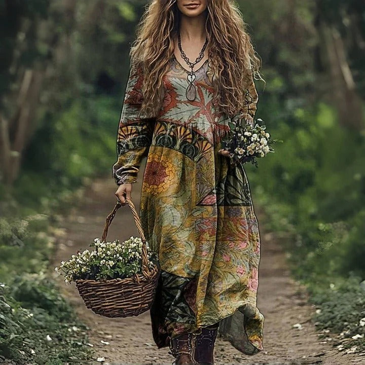 Printed Dress V-neck Long Sleeve Plus Size