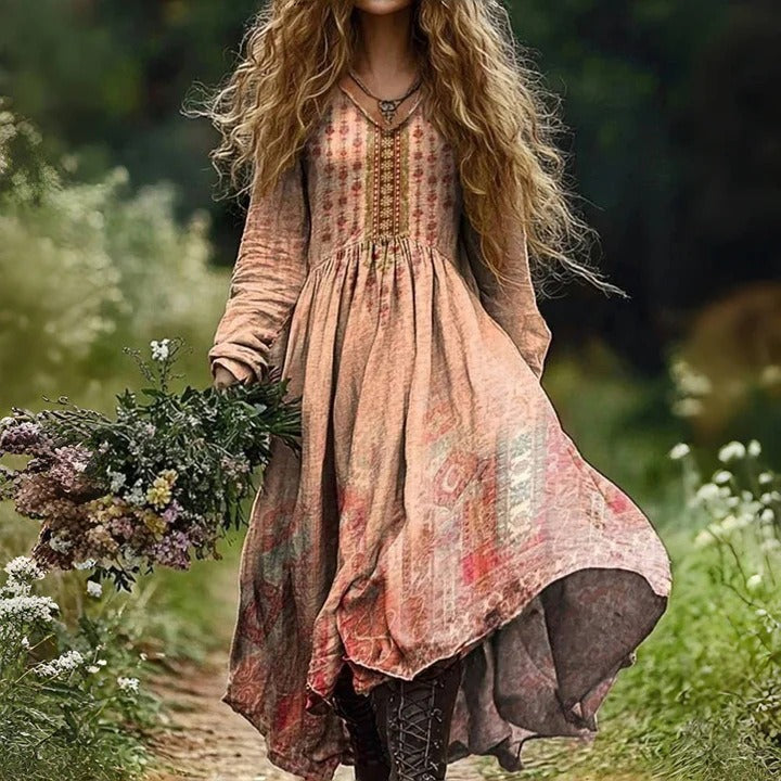 Printed Dress V-neck Long Sleeve Plus Size