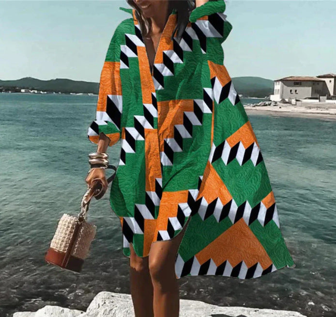 Women's Loose Digital Printing Long-sleeved Lapel Shirt Dress