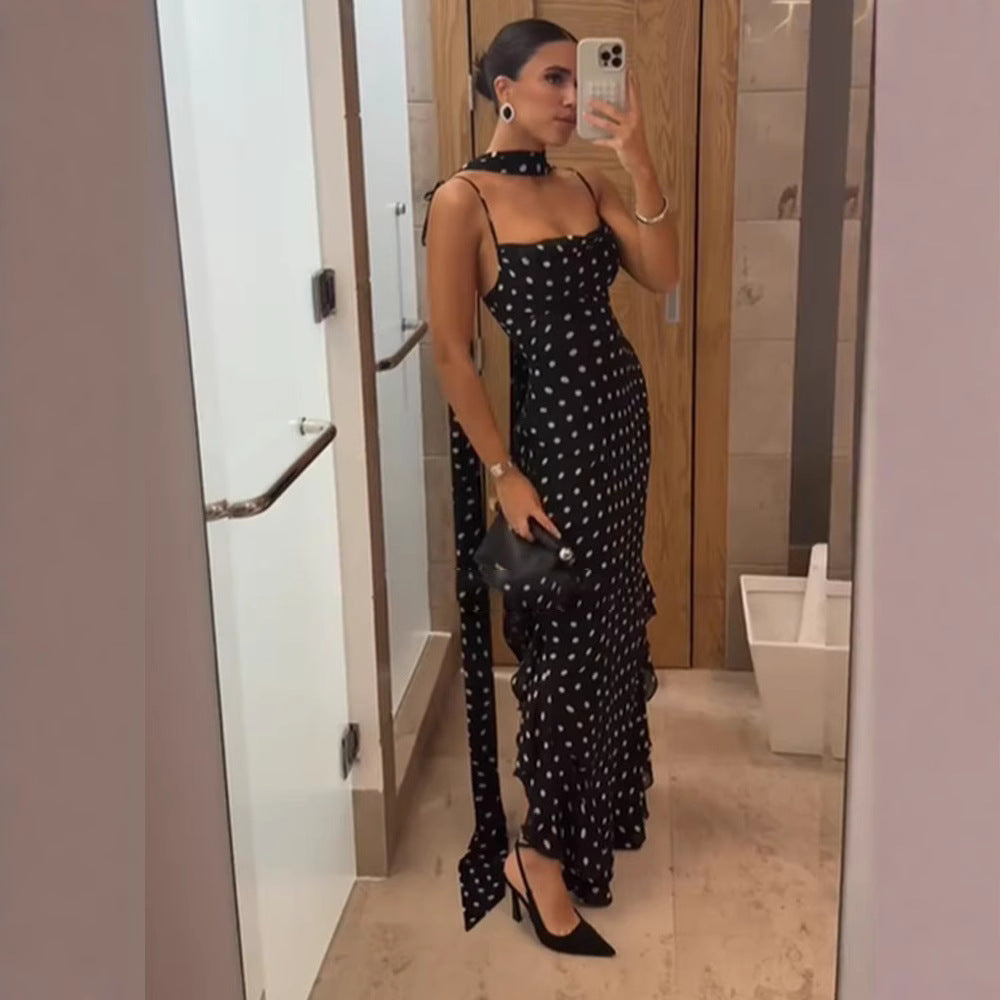 Women's High-grade Sleeveless Polka Dot Scarf Collar Ruffled Spaghetti Straps Dress