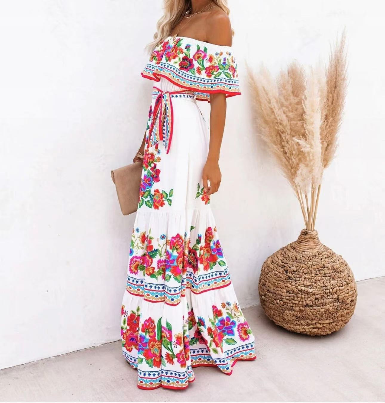 Summer European And American Off-shoulder Printing Belt Long Large Hem Dress